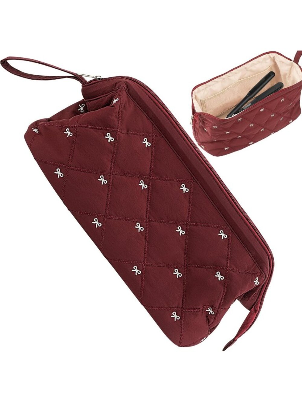 Red Bow Pattern Quilted Makeup Pouch with Wristlet - Travel Cosmetic Bag 1-Pack
